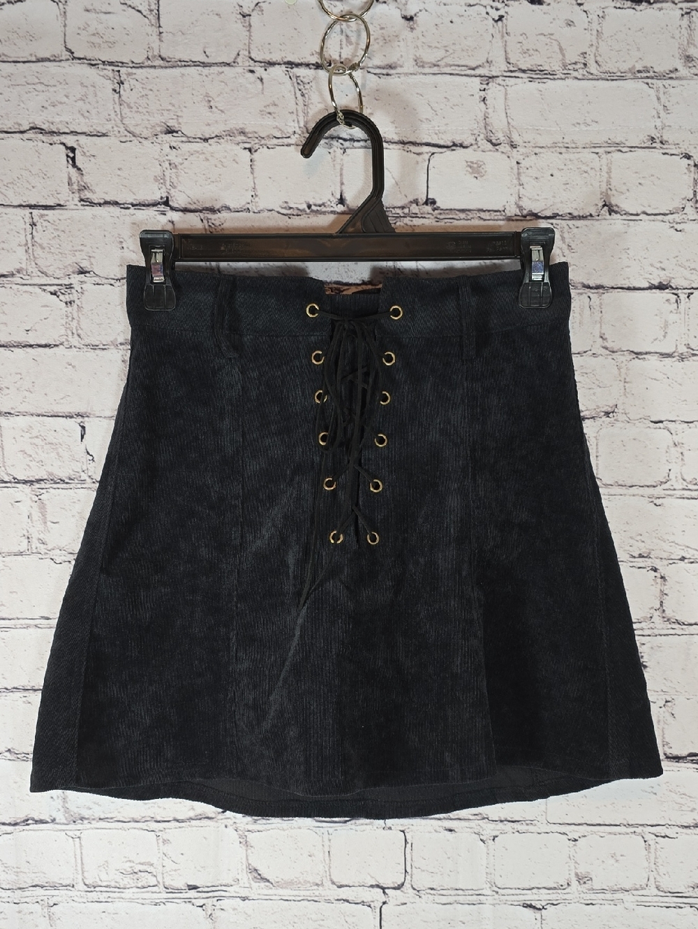 One Way Black Corduroy Lace-Up A-Line Mini Skirt Size 8